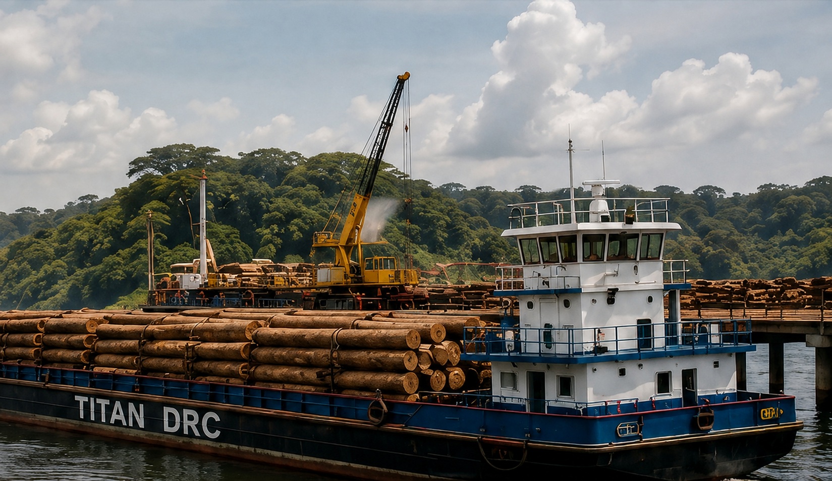 Baleinière chargée de grumes sur le fleuve en République Démocratique du Congo